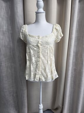 Mixed Threads Cream Lace Puff Sleeve Blouse Cottagecore Fairycore Floral Size M